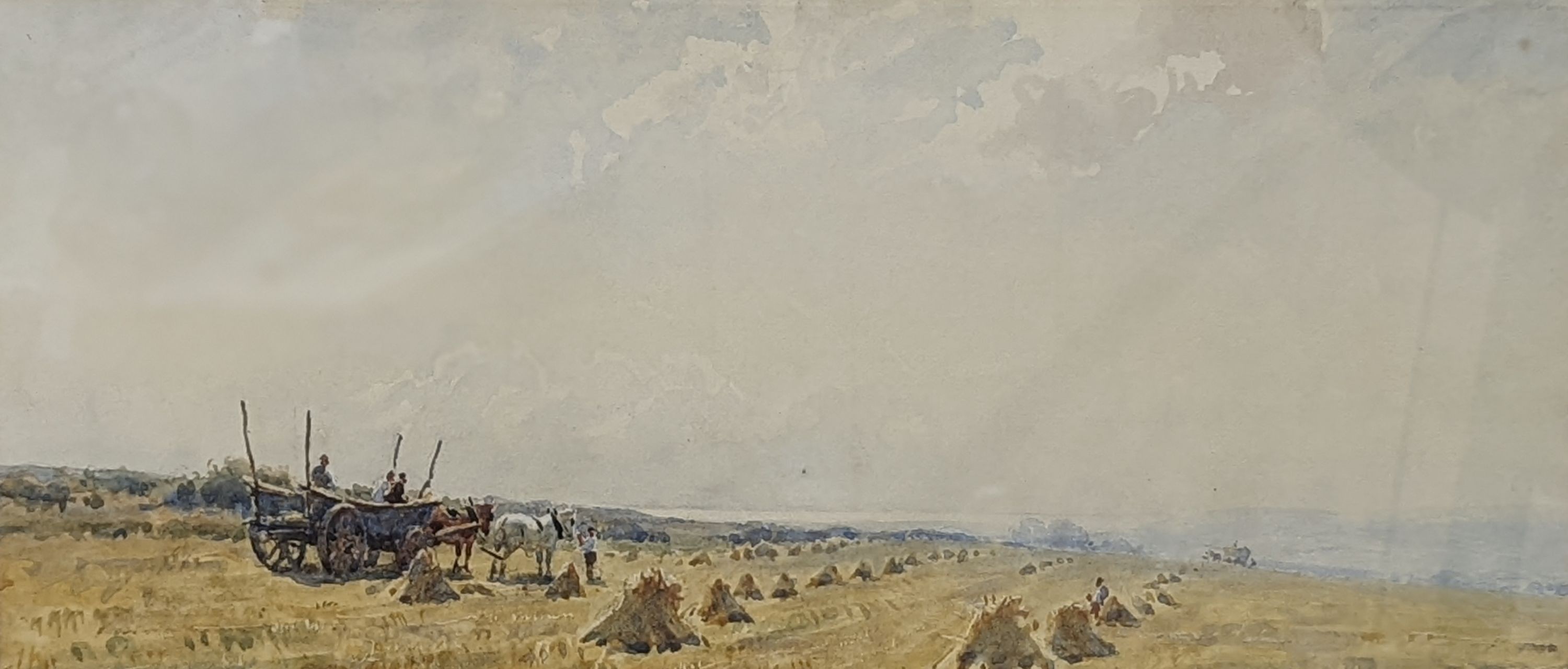 Arthur Gerald Ackermann (1876-1960), watercolour, 'Harvesting near Shoreham, Kent', signed, 23 x 50cm